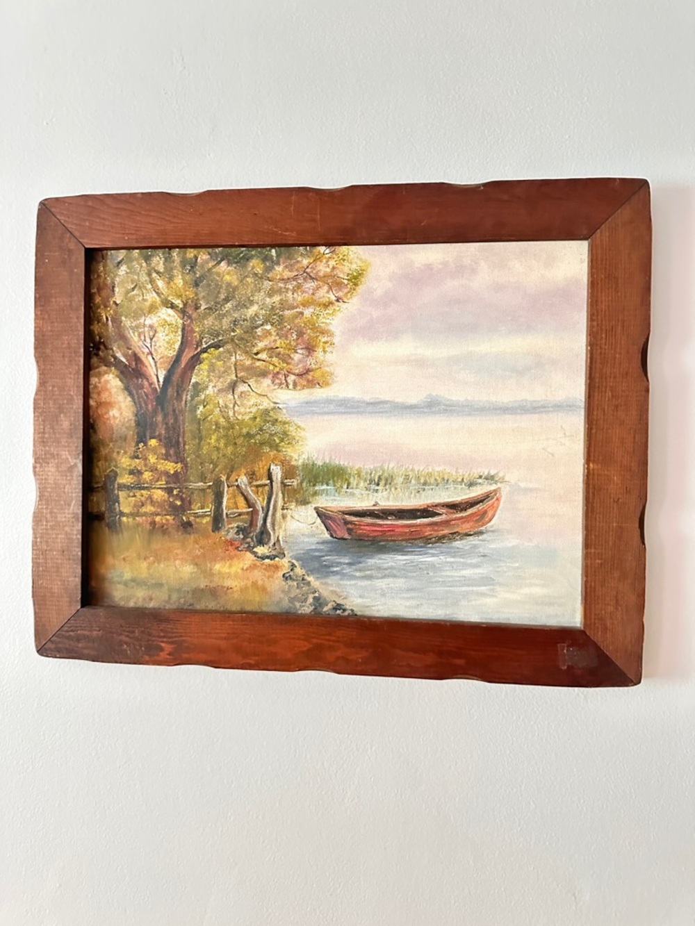 Handpainted boat scene with vintage wood frame 15x18.5”